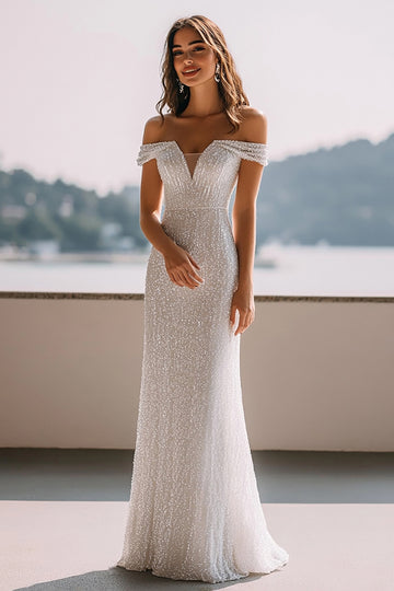 Glitter Off The Shoulder Ivory A Line Wedding Dress